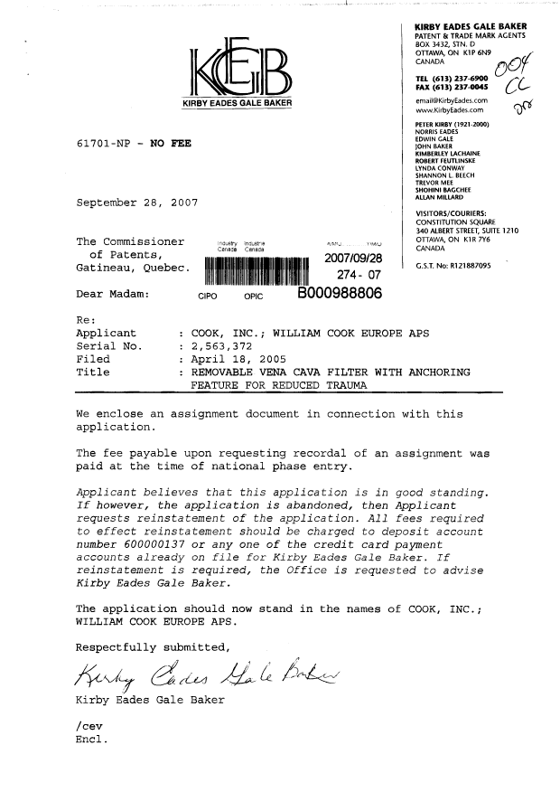 Canadian Patent Document 2563372. Assignment 20070928. Image 1 of 5