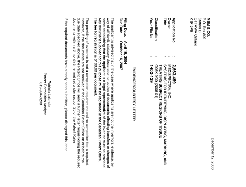 Canadian Patent Document 2563459. Correspondence 20061208. Image 1 of 1