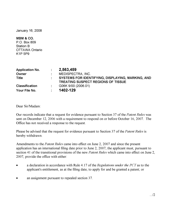 Document de brevet canadien 2563459. Correspondance 20080116. Image 1 de 2