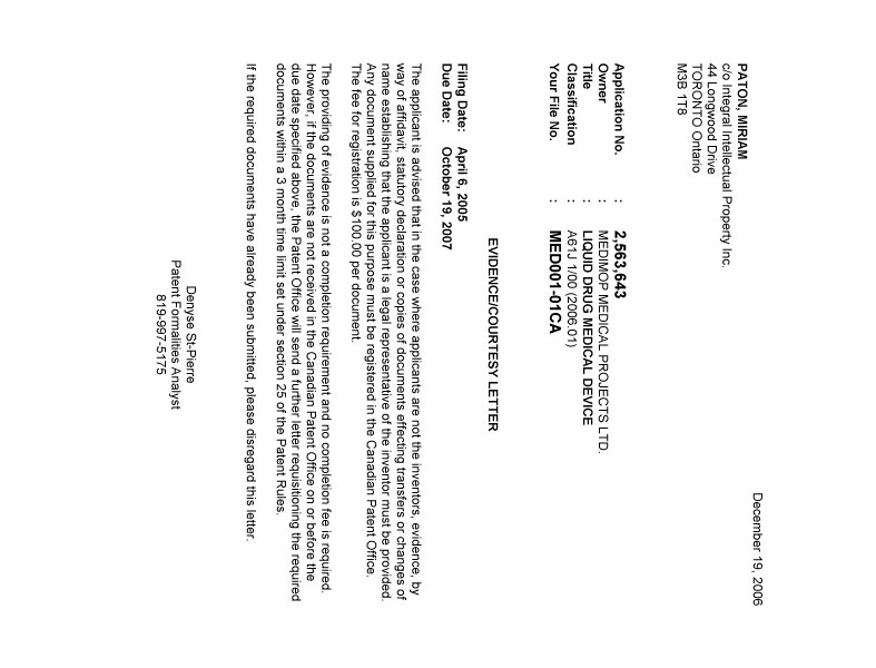 Document de brevet canadien 2563643. Correspondance 20061214. Image 1 de 1