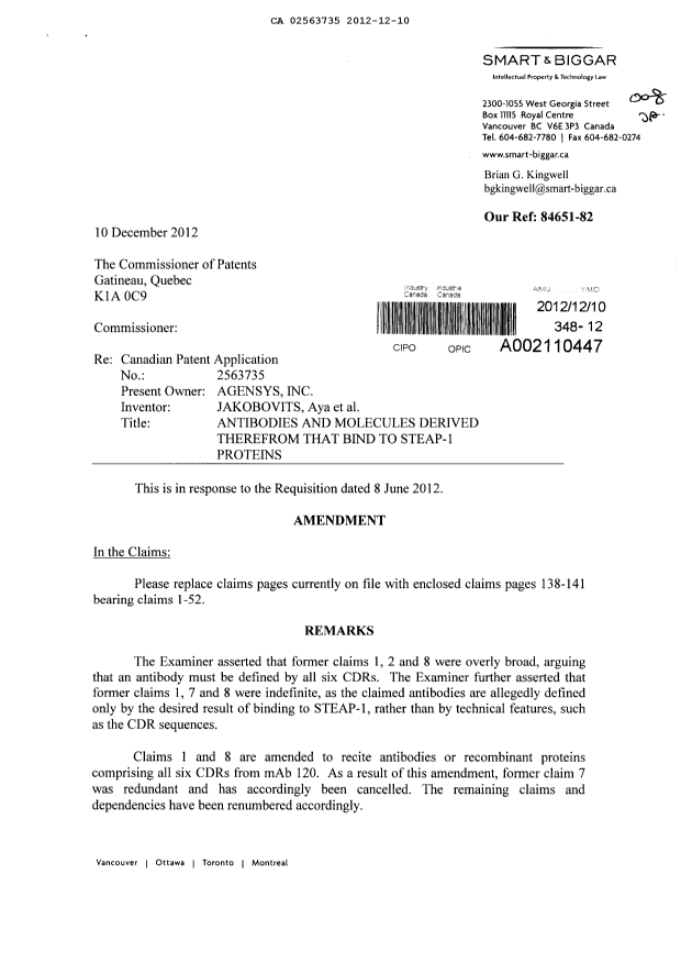 Canadian Patent Document 2563735. Prosecution-Amendment 20121210. Image 1 of 8