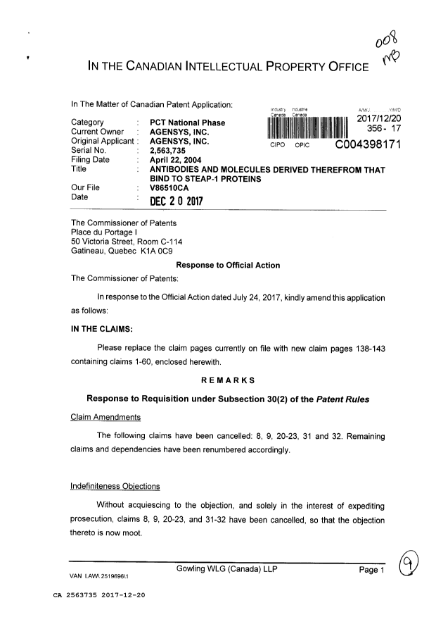 Canadian Patent Document 2563735. Amendment 20171220. Image 1 of 9