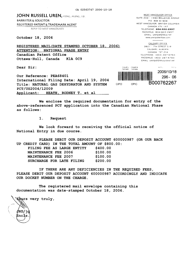 Canadian Patent Document 2563747. Assignment 20061018. Image 1 of 3