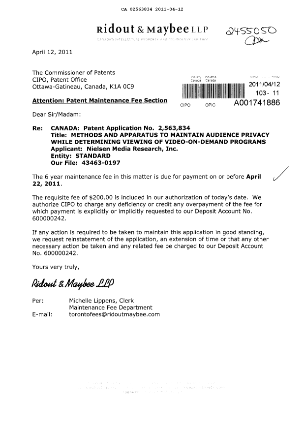 Document de brevet canadien 2563834. Taxes 20110412. Image 1 de 1