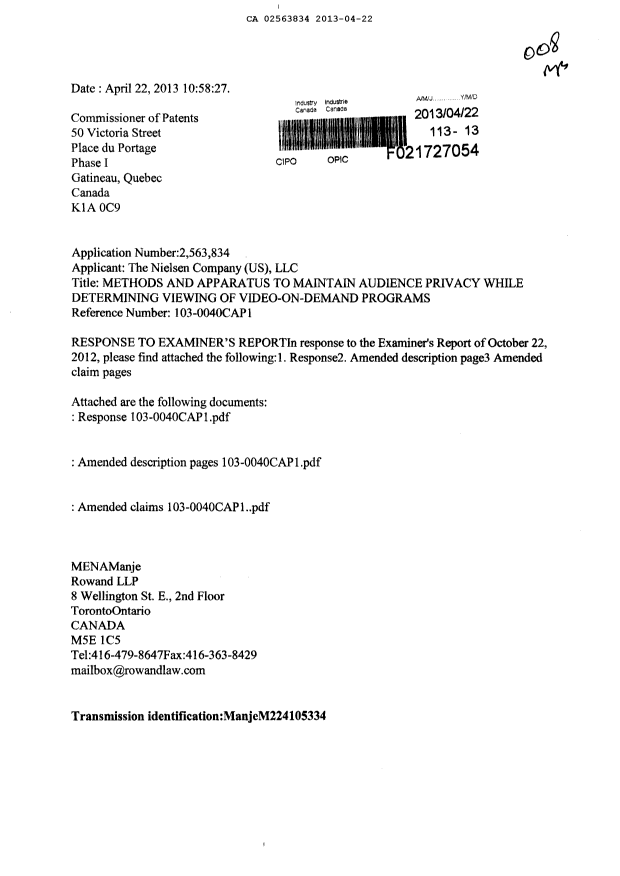 Document de brevet canadien 2563834. Poursuite-Amendment 20130422. Image 1 de 15