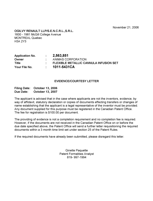 Canadian Patent Document 2563851. Correspondence 20051214. Image 1 of 1