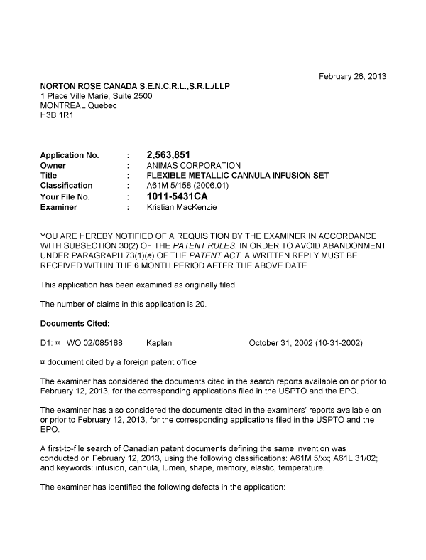 Canadian Patent Document 2563851. Prosecution-Amendment 20121226. Image 1 of 3