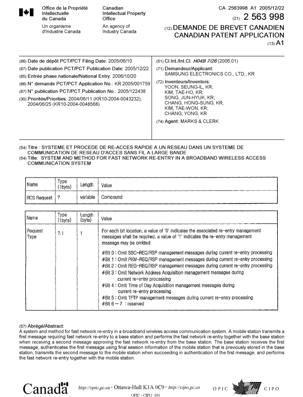 Document de brevet canadien 2563998. Page couverture 20061219. Image 1 de 1