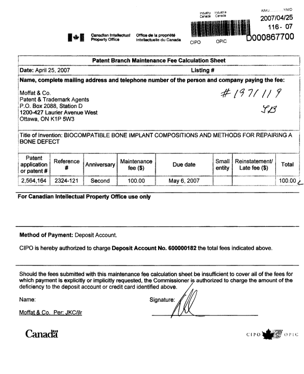 Canadian Patent Document 2564164. Fees 20061225. Image 1 of 1