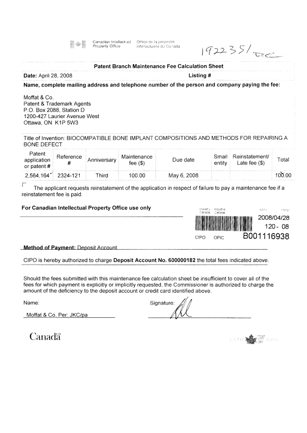 Canadian Patent Document 2564164. Fees 20071228. Image 1 of 1