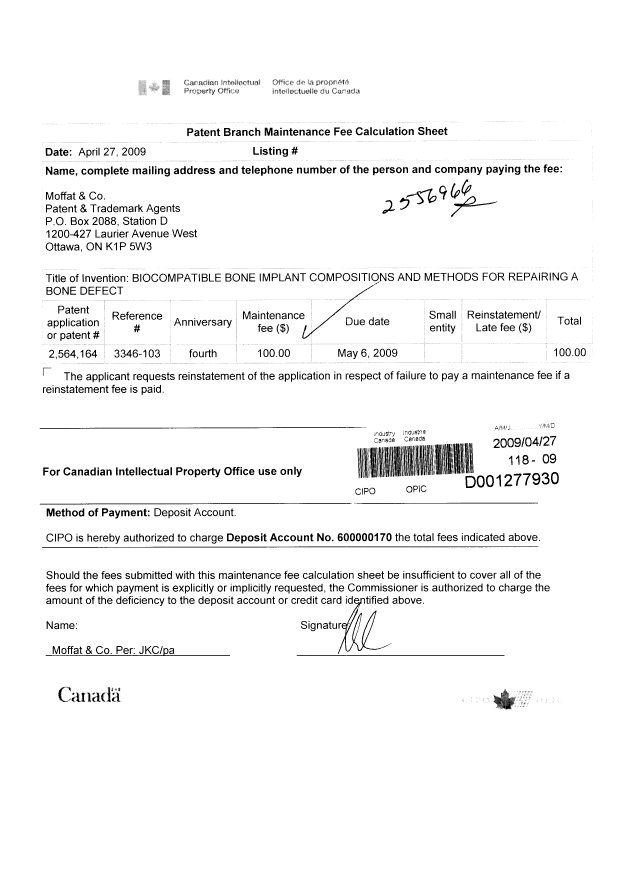 Canadian Patent Document 2564164. Fees 20081227. Image 1 of 1