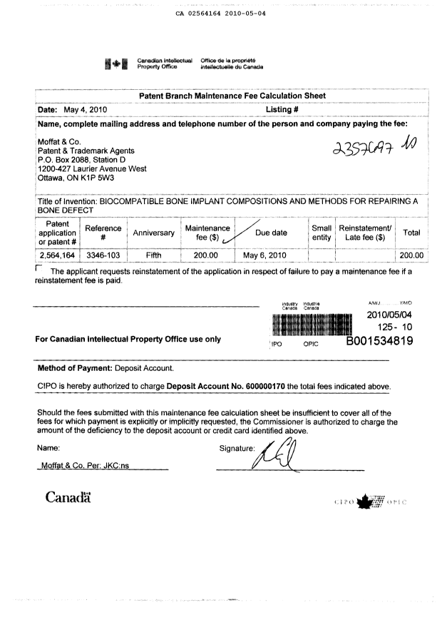 Canadian Patent Document 2564164. Fees 20091204. Image 1 of 1