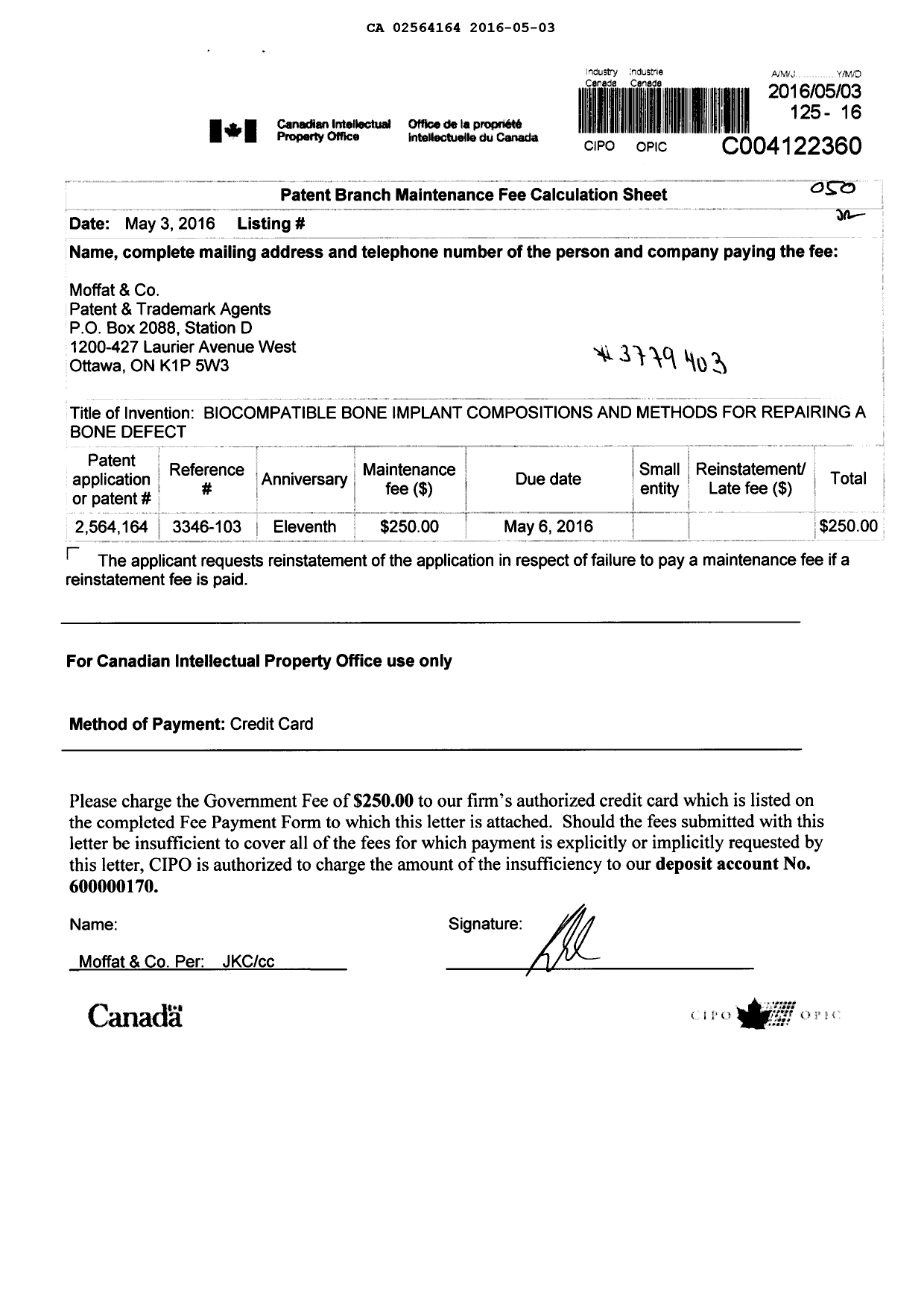 Canadian Patent Document 2564164. Fees 20151203. Image 1 of 1