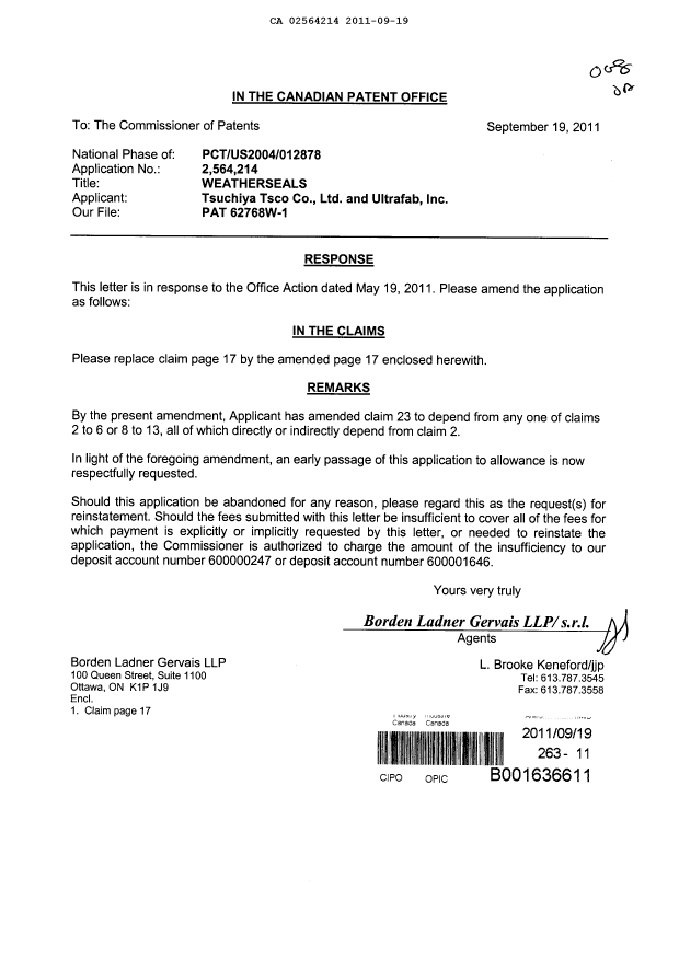 Canadian Patent Document 2564214. Prosecution-Amendment 20110919. Image 1 of 2