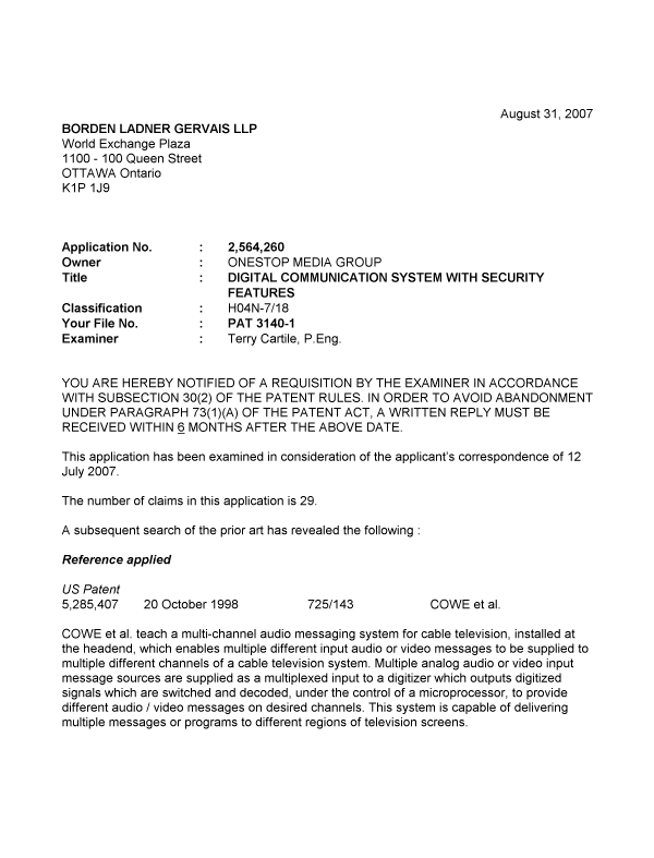 Canadian Patent Document 2564260. Prosecution-Amendment 20070831. Image 1 of 2