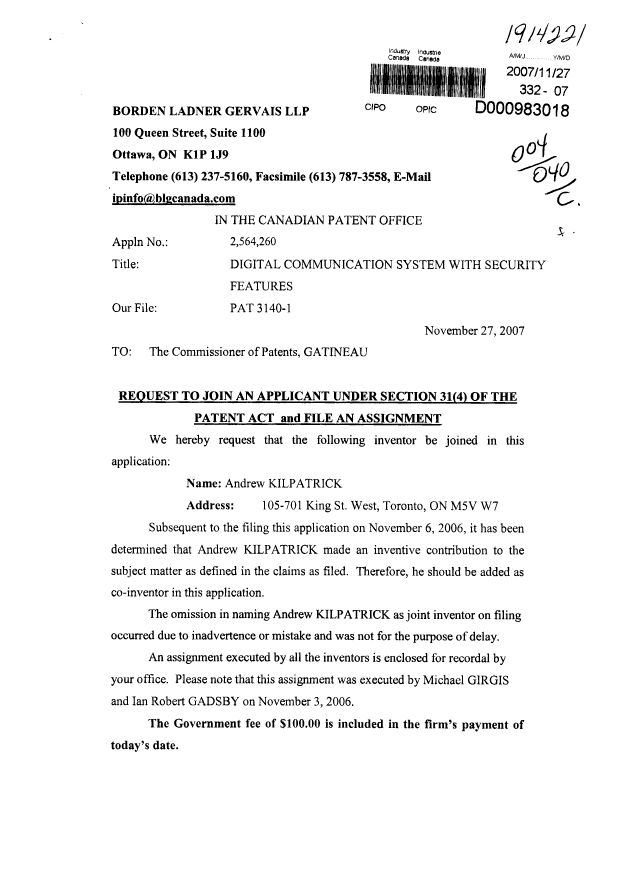 Document de brevet canadien 2564260. Cession 20071127. Image 1 de 7