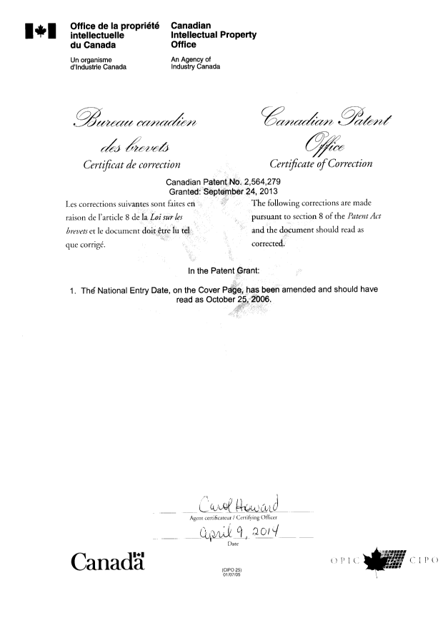 Canadian Patent Document 2564279. Cover Page 20140409. Image 2 of 2