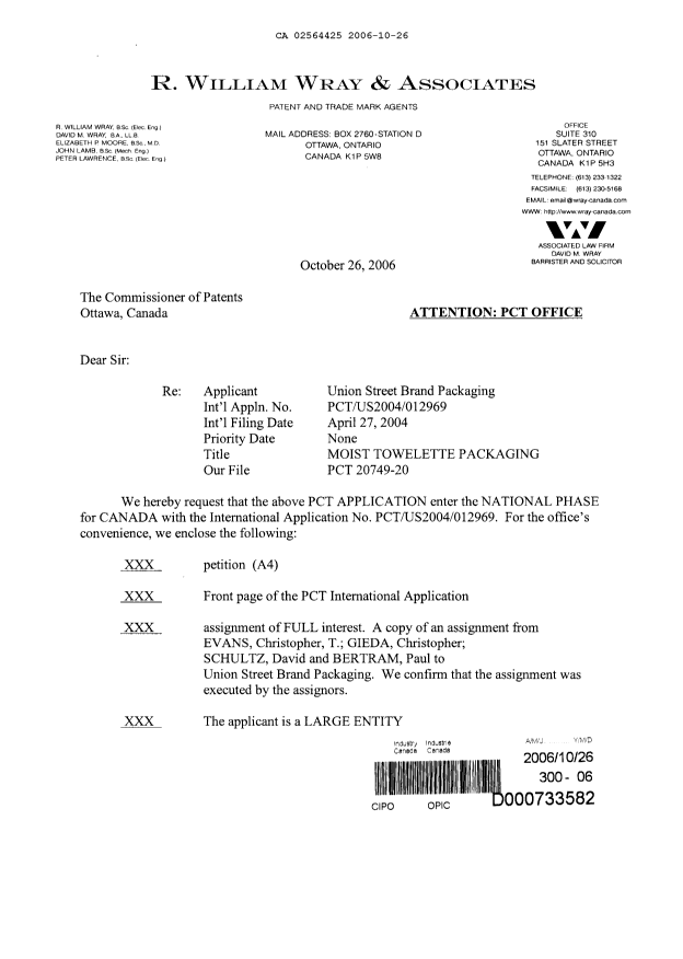 Canadian Patent Document 2564425. Assignment 20061026. Image 1 of 7