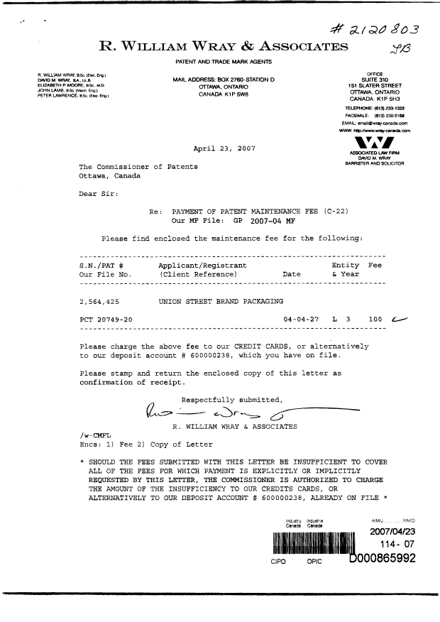 Canadian Patent Document 2564425. Fees 20070423. Image 1 of 1