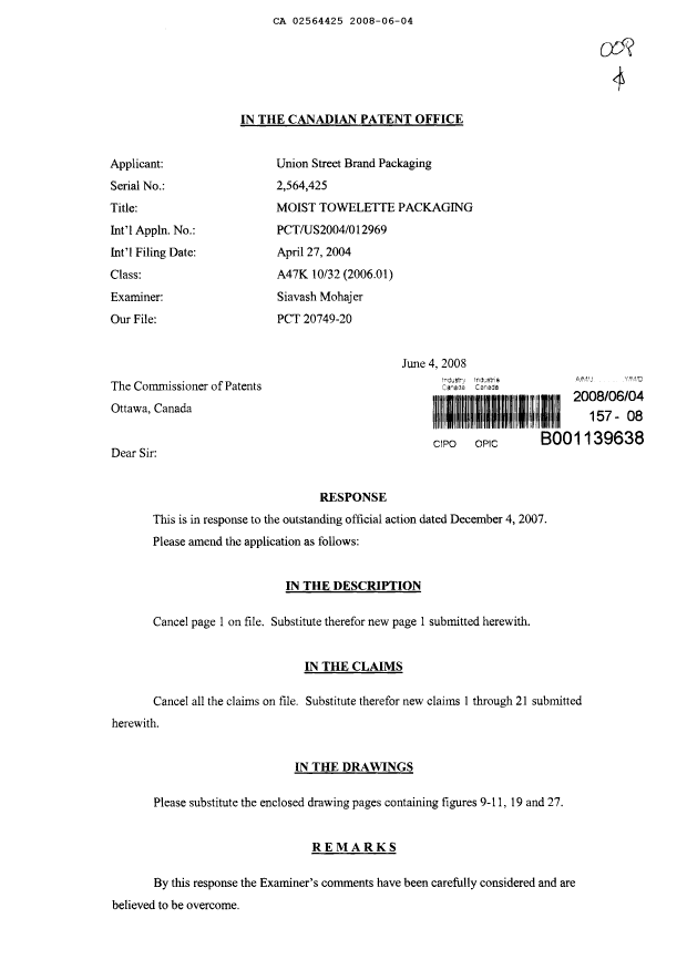 Canadian Patent Document 2564425. Prosecution-Amendment 20080604. Image 1 of 10