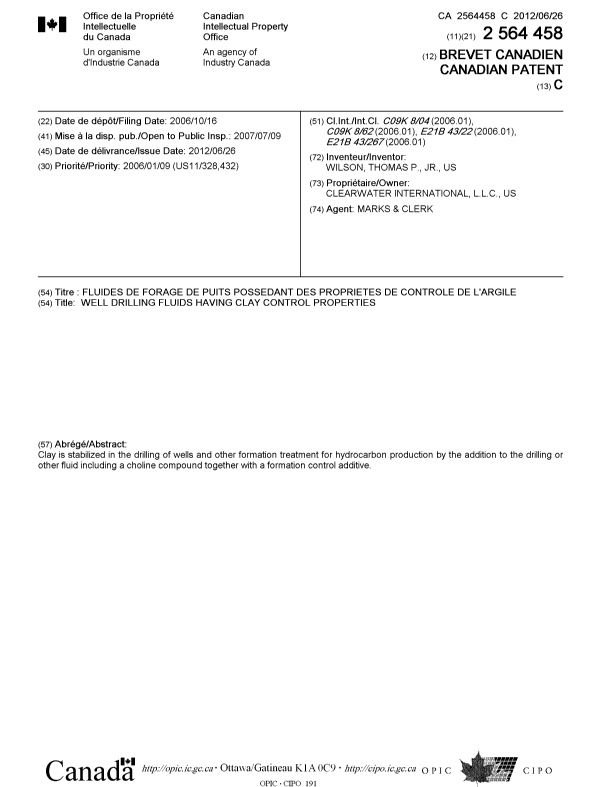 Canadian Patent Document 2564458. Cover Page 20120529. Image 1 of 1