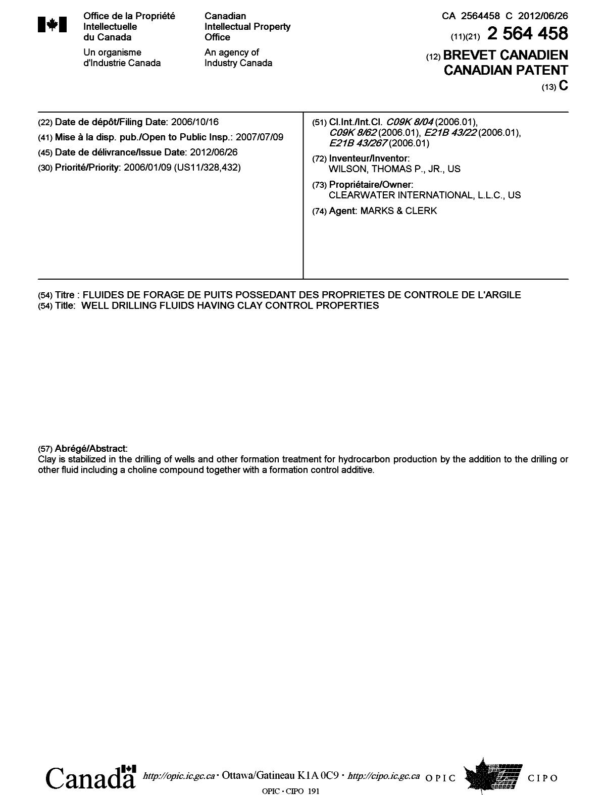 Canadian Patent Document 2564458. Cover Page 20120529. Image 1 of 1
