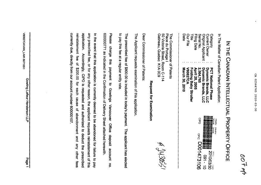 Canadian Patent Document 2564765. Prosecution-Amendment 20100330. Image 1 of 2