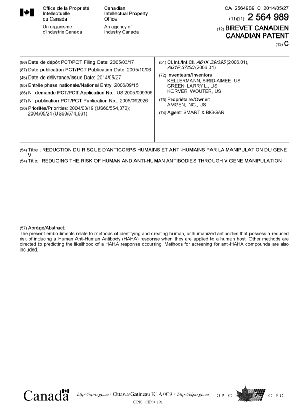 Canadian Patent Document 2564989. Cover Page 20140430. Image 1 of 1
