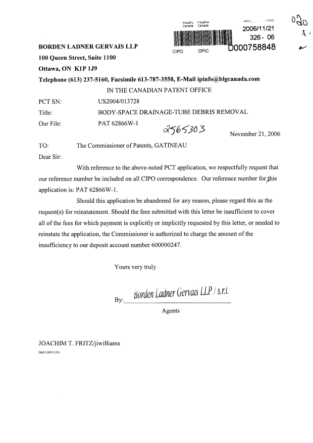 Canadian Patent Document 2565303. Correspondence 20061121. Image 1 of 1