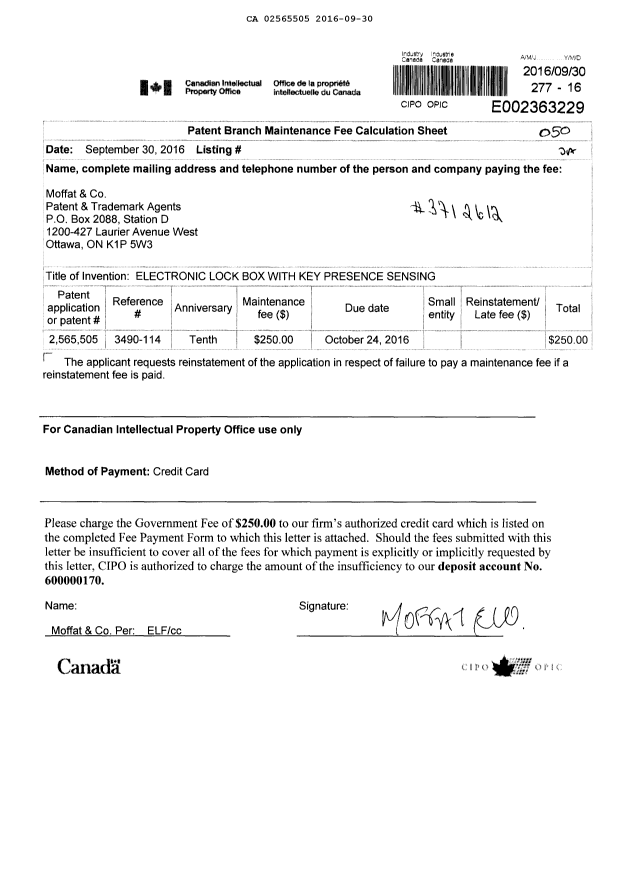 Canadian Patent Document 2565505. Maintenance Fee Payment 20160930. Image 1 of 1