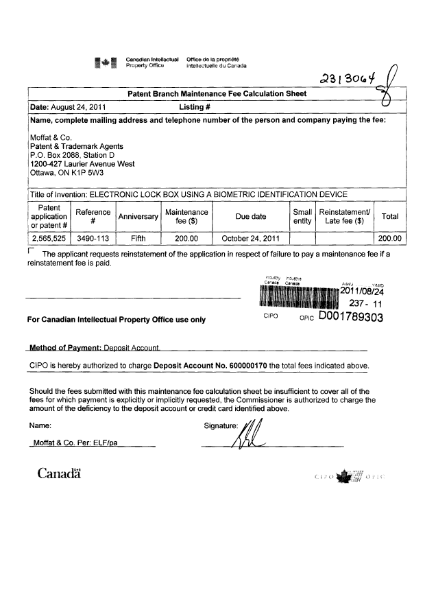 Canadian Patent Document 2565525. Fees 20110824. Image 1 of 1