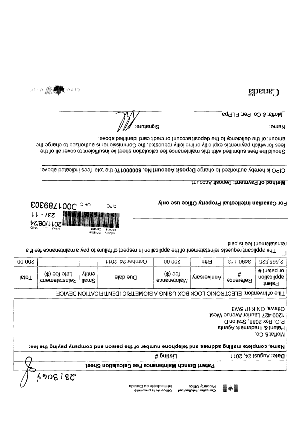 Canadian Patent Document 2565525. Fees 20110824. Image 1 of 1