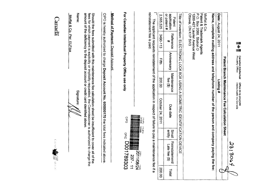 Document de brevet canadien 2565525. Taxes 20110824. Image 1 de 1