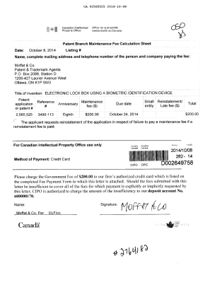 Canadian Patent Document 2565525. Fees 20141008. Image 1 of 1