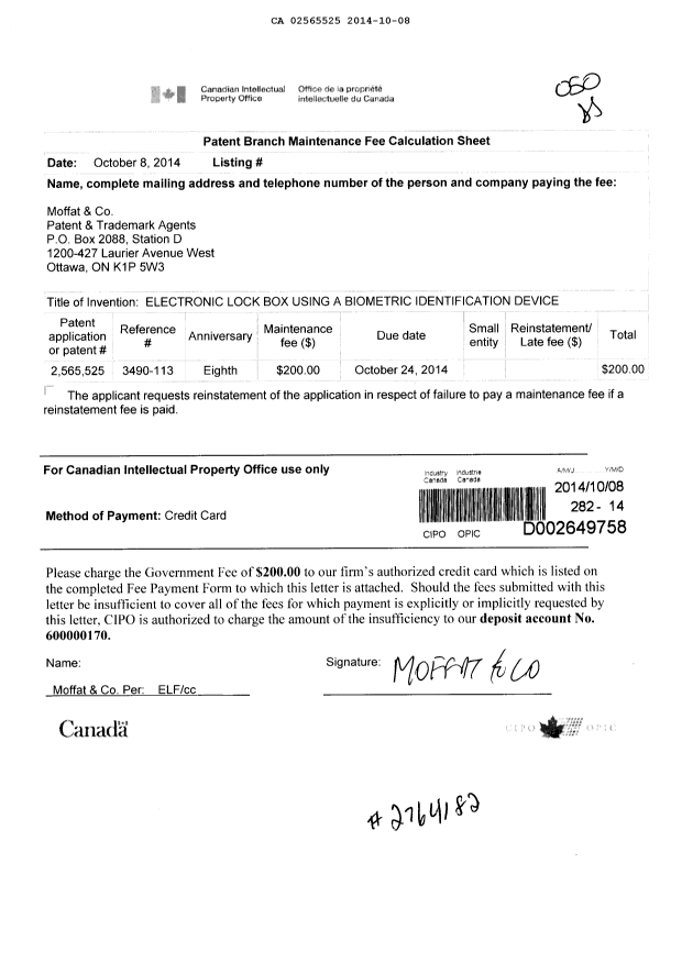 Document de brevet canadien 2565525. Taxes 20141008. Image 1 de 1
