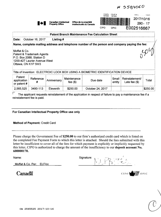 Canadian Patent Document 2565525. Maintenance Fee Payment 20171016. Image 1 of 1