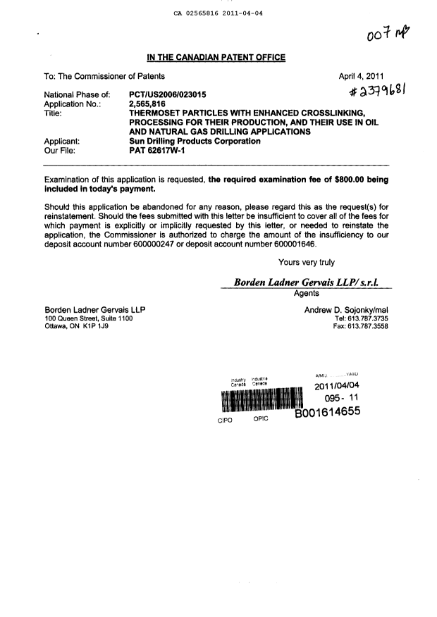 Document de brevet canadien 2565816. Poursuite-Amendment 20110404. Image 1 de 1