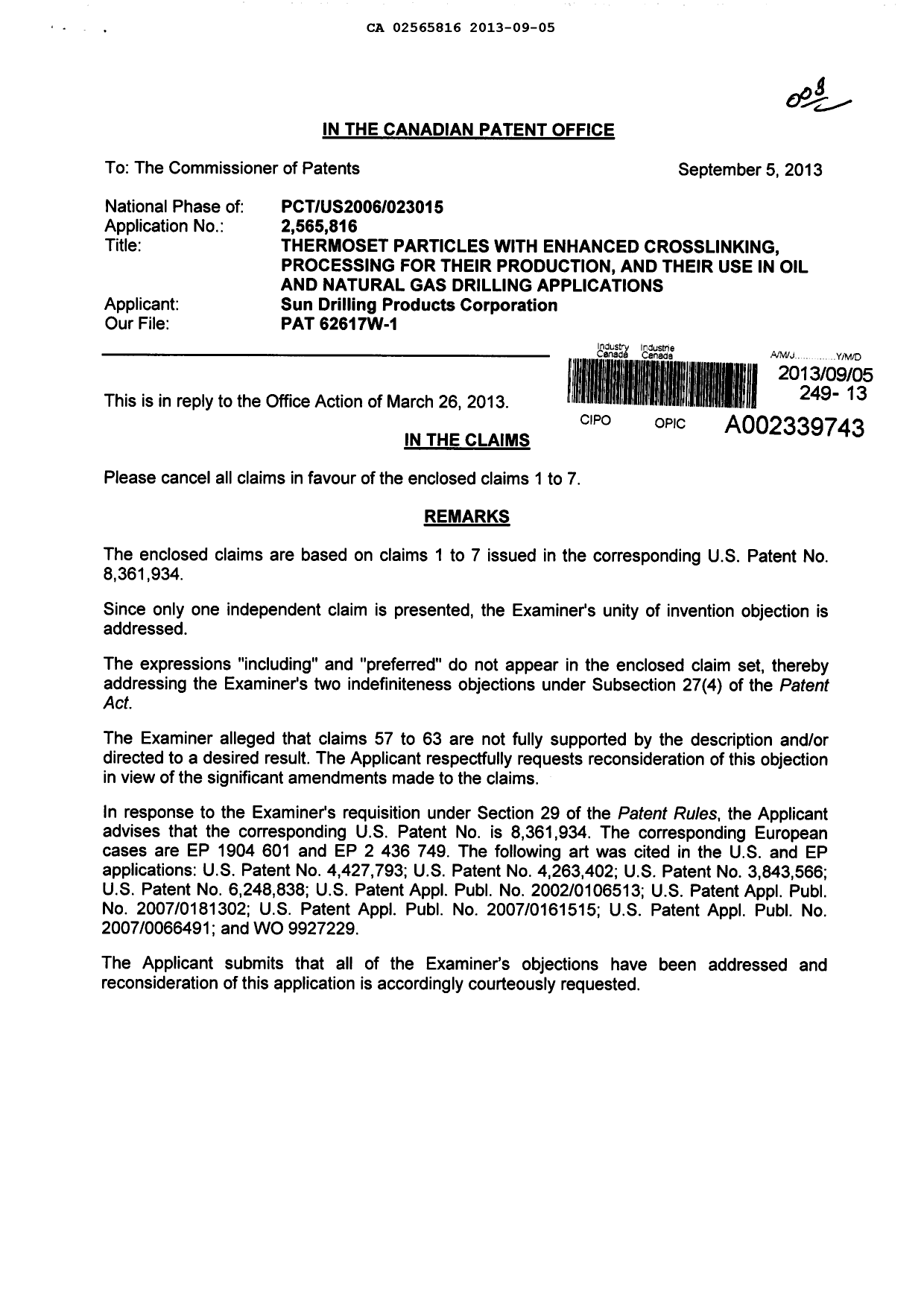 Canadian Patent Document 2565816. Prosecution-Amendment 20130905. Image 1 of 4