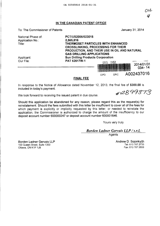 Document de brevet canadien 2565816. Correspondance 20140131. Image 1 de 1