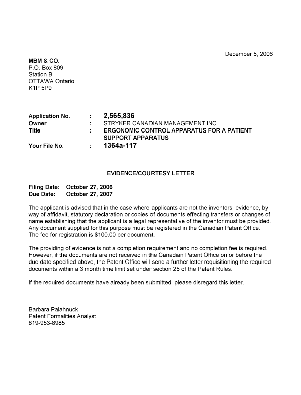 Canadian Patent Document 2565836. Correspondence 20061205. Image 1 of 1