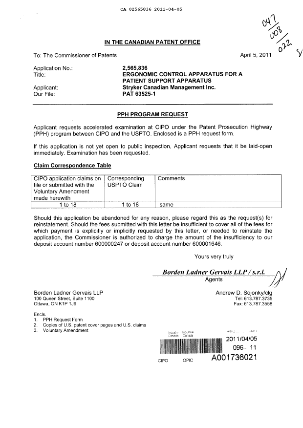 Canadian Patent Document 2565836. Prosecution-Amendment 20110405. Image 1 of 8