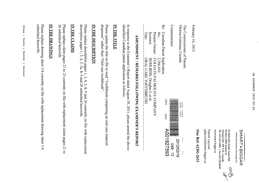 Canadian Patent Document 2566410. Prosecution-Amendment 20120216. Image 1 of 22