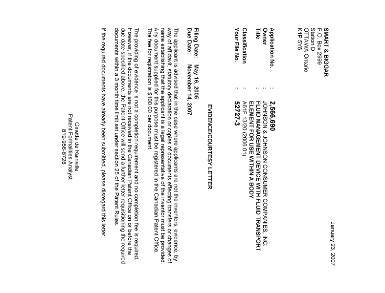 Canadian Patent Document 2566690. Correspondence 20061218. Image 1 of 1