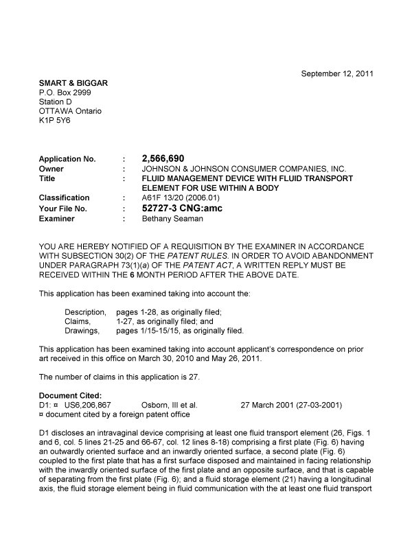 Document de brevet canadien 2566690. Poursuite-Amendment 20101212. Image 1 de 4
