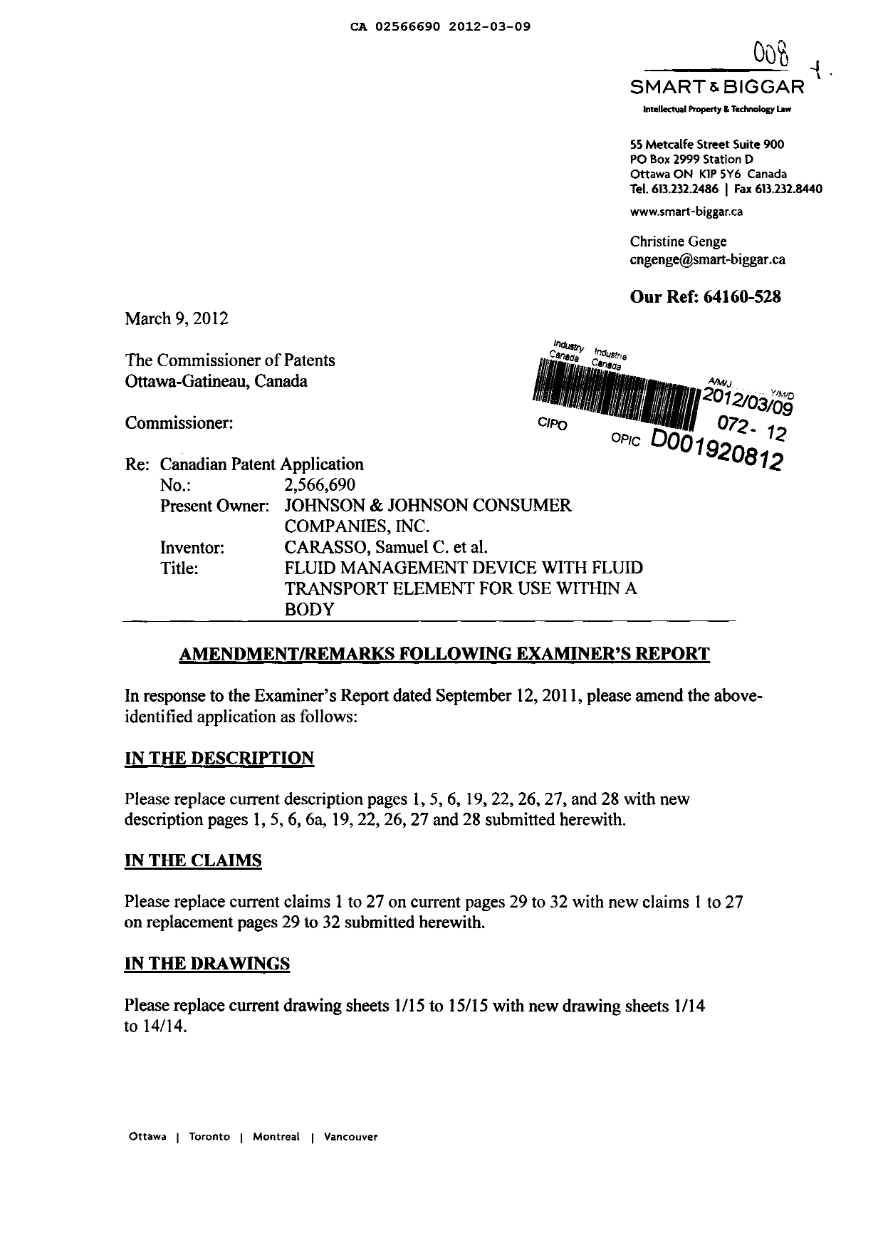 Canadian Patent Document 2566690. Prosecution-Amendment 20111209. Image 1 of 33