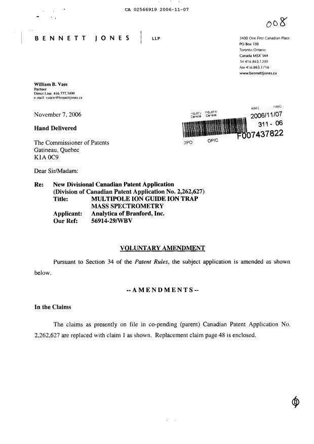 Canadian Patent Document 2566919. Prosecution-Amendment 20061107. Image 1 of 3