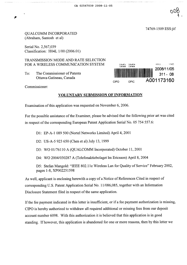 Canadian Patent Document 2567039. Prosecution-Amendment 20081105. Image 1 of 2