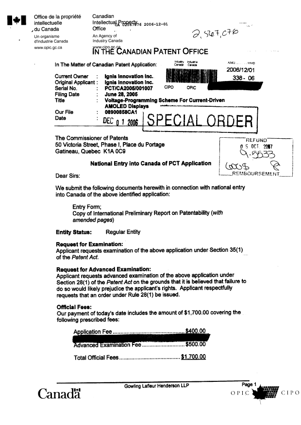Canadian Patent Document 2567076. Fees 20051201. Image 1 of 1