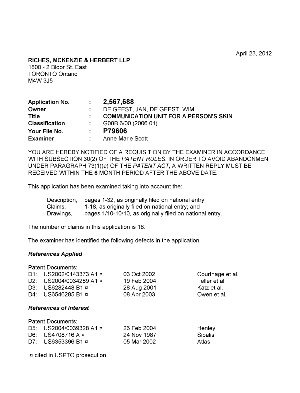 Canadian Patent Document 2567688. Prosecution-Amendment 20120423. Image 1 of 5