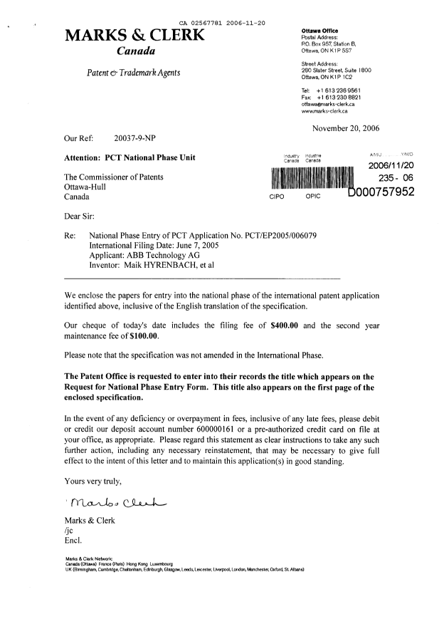 Document de brevet canadien 2567781. Cession 20051220. Image 1 de 2